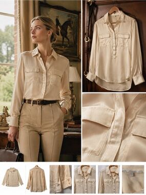 VTG Y2K JODHPUR SILK Blouse Ivory Long Sleeve Button Equestrian Large 44